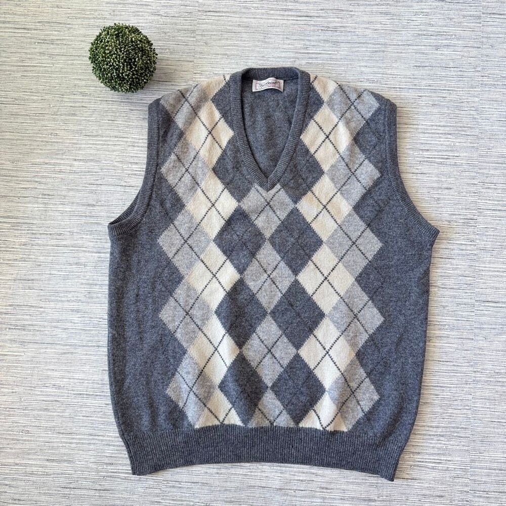 Vintage Titleist Collection Gray Argyle V-Neck Wool Golf Sweater Vest Large
